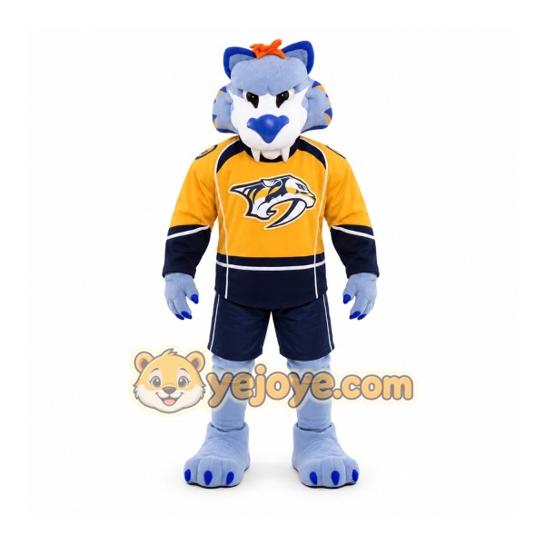 Blue Saber-Toothed Cat Mascot Costume in Hockey Uniform