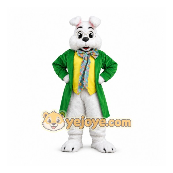 White Rabbit Mascot Costume with Green Coat White Rabbit Mascot Costume with Green Coat