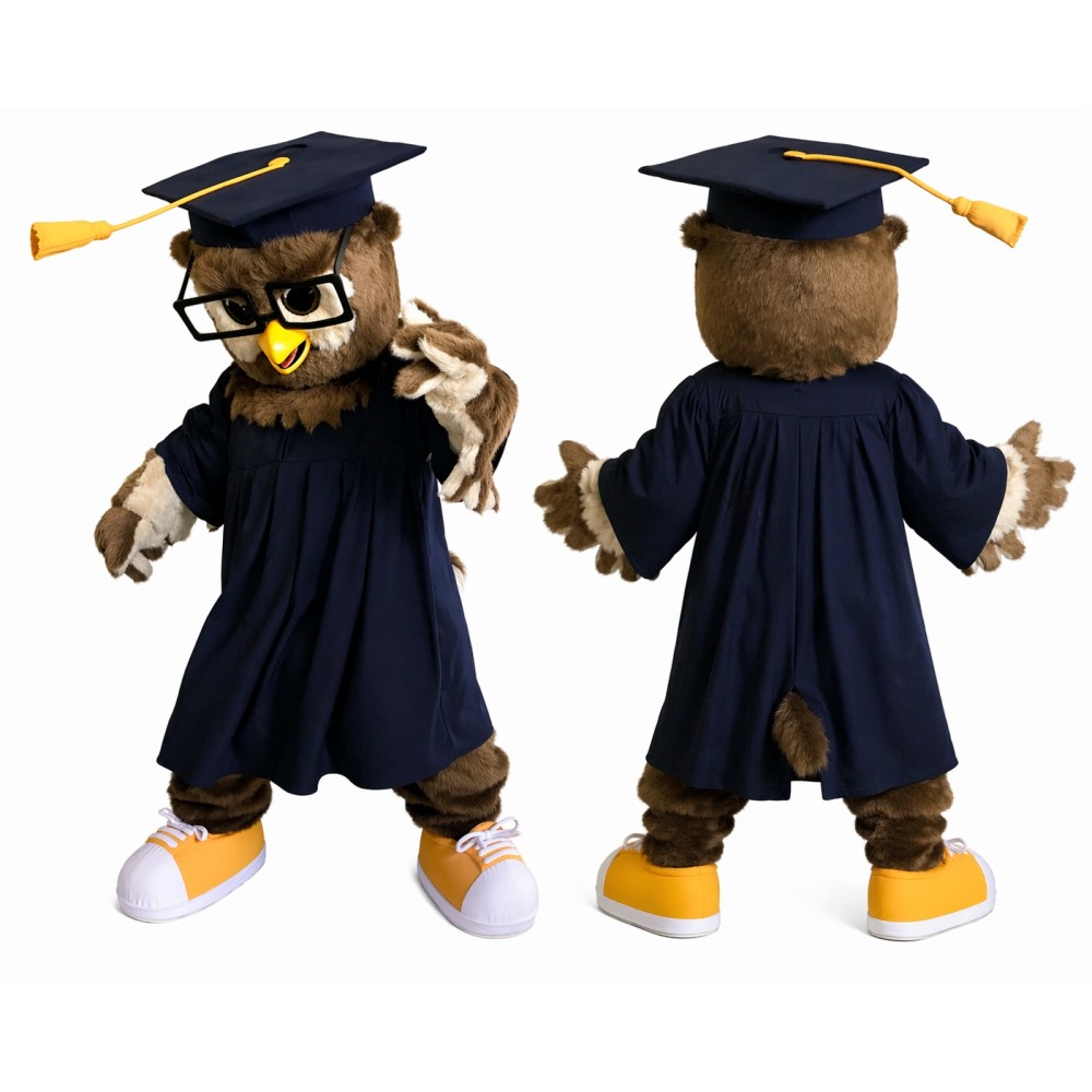 Owl Mascot Costume Adult Graduation Scholar Character Suit with Cap & Gown Full Body – School Event Promotion Outfit
