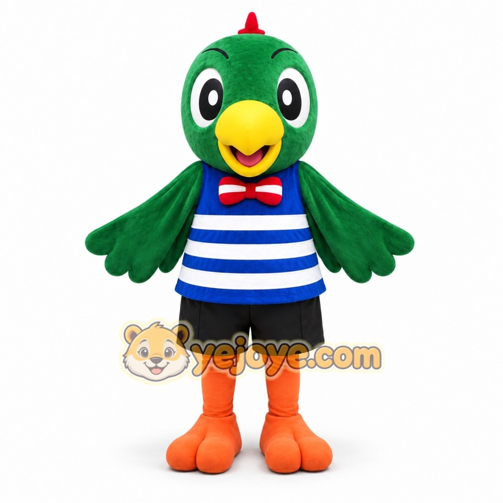 Green Parrot Mascot Costume Adult Full Body Cartoon Bird Character with Striped Shirt for Events, Promotions & Parties Green Parrot Mascot Costume Adult Full Body Cartoon Bird Character with Striped Shirt for Events, Promotions & Parties