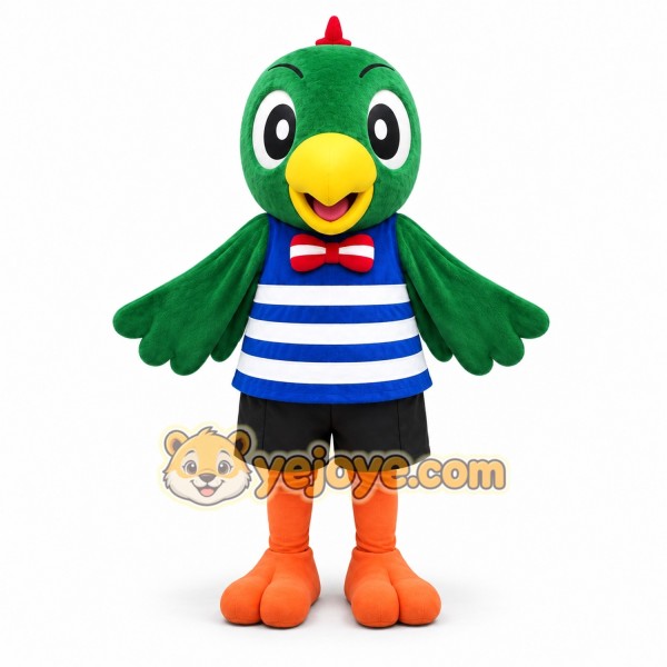 Green Parrot Mascot Costume Adult Full Body Cartoon Bird Character with Striped Shirt for Events, Promotions & Parties