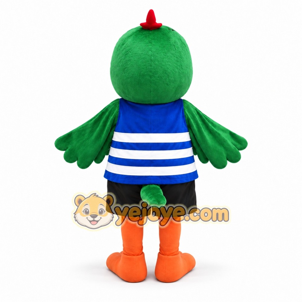 Green Parrot Mascot Costume Adult Full Body Cartoon Bird Character with Striped Shirt for Events, Promotions & Parties Green Parrot Mascot Costume Adult Full Body Cartoon Bird Character with Striped Shirt for Events, Promotions & Parties