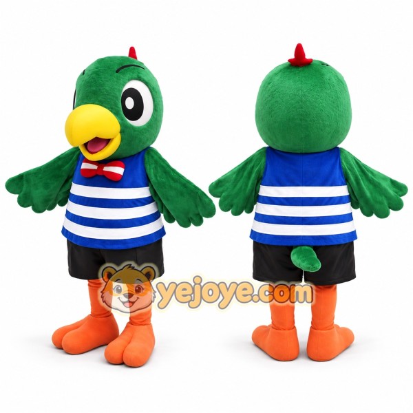 Green Parrot Mascot Costume Adult Full Body Cartoon Bird Character with Striped Shirt for Events, Promotions & Parties