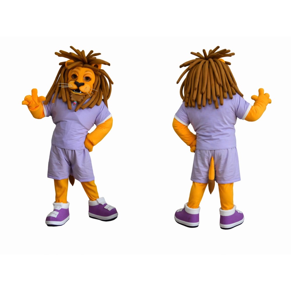 Lion Mascot Costume Adult Cartoon Animal Character Outfit with Purple Sportswear for Events and Promotions