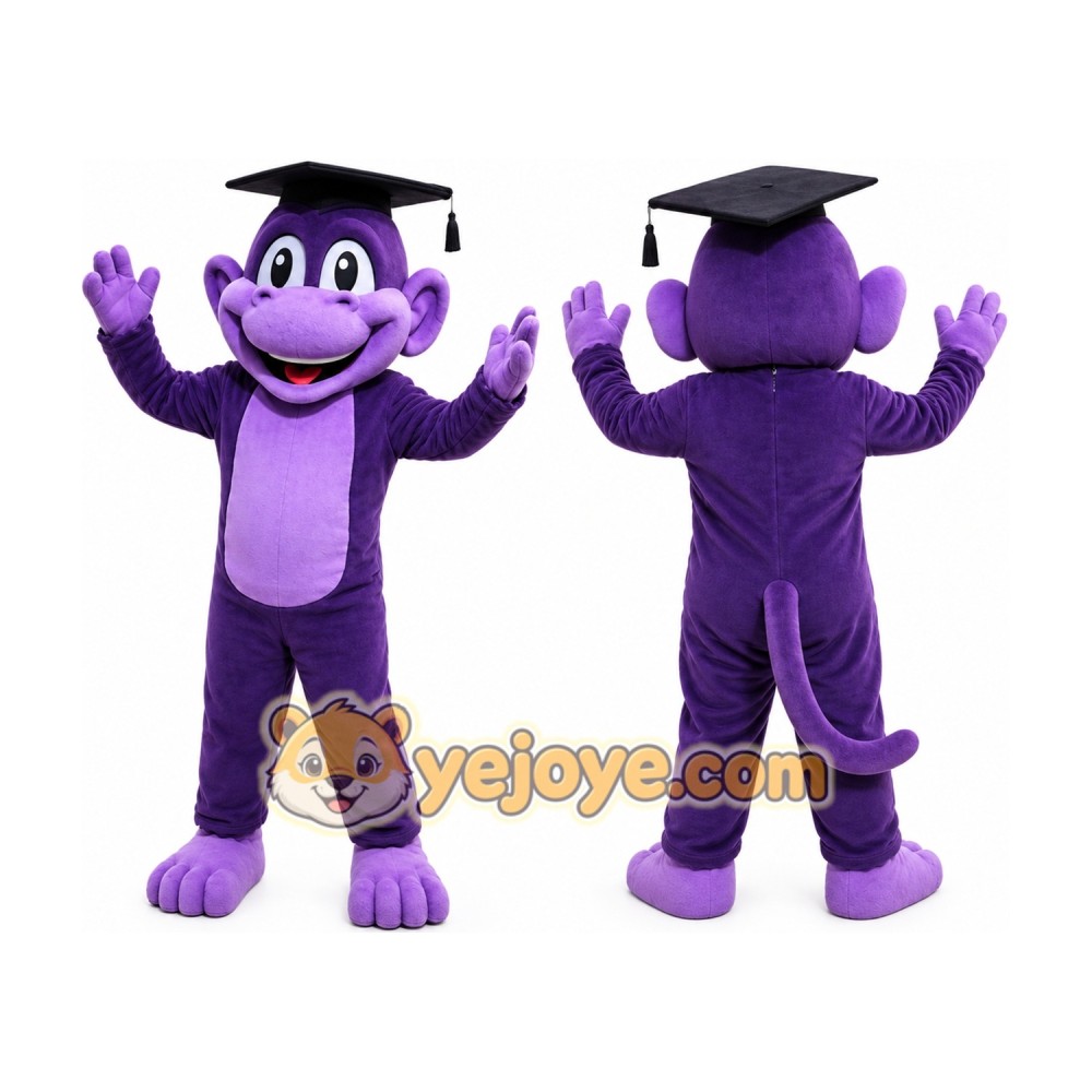 Purple Monkey Mascot Costume Adult Cartoon Animal Character Outfit with Graduation Cap for School Events Purple Monkey Mascot Costume Adult Cartoon Animal Character Outfit with Graduation Cap for School Events
