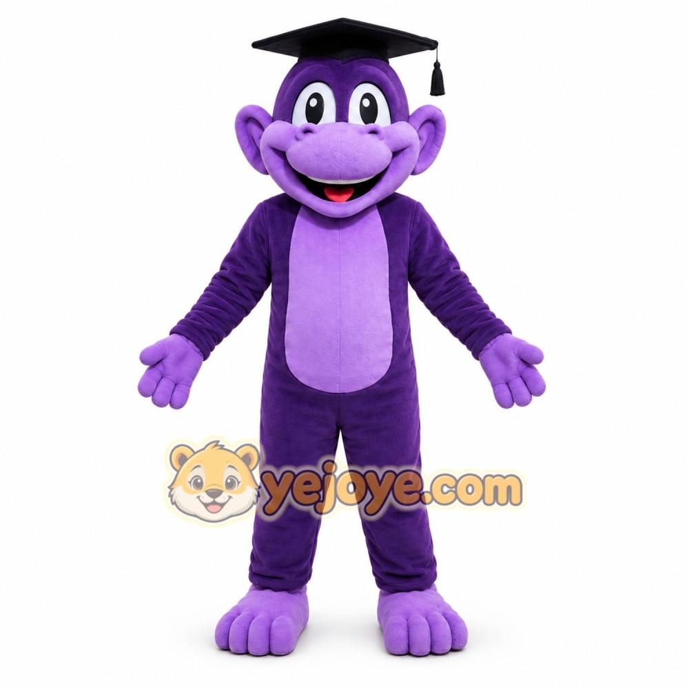 Purple Monkey Mascot Costume Adult Cartoon Animal Character Outfit with Graduation Cap for School Events Purple Monkey Mascot Costume Adult Cartoon Animal Character Outfit with Graduation Cap for School Events
