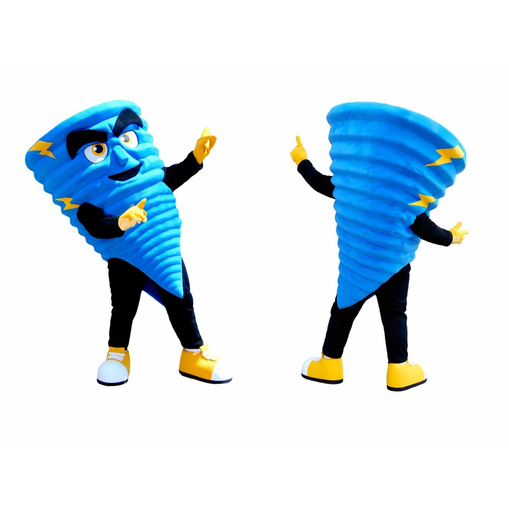 Blue Tornado Mascot Costume with Lightning Storm Character Theme
