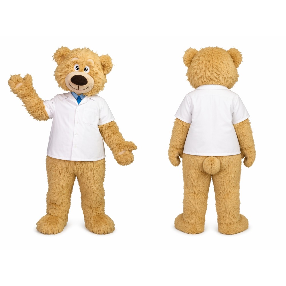 Teddy Bear Doctor Mascot Costume with White Lab Coat Uniform