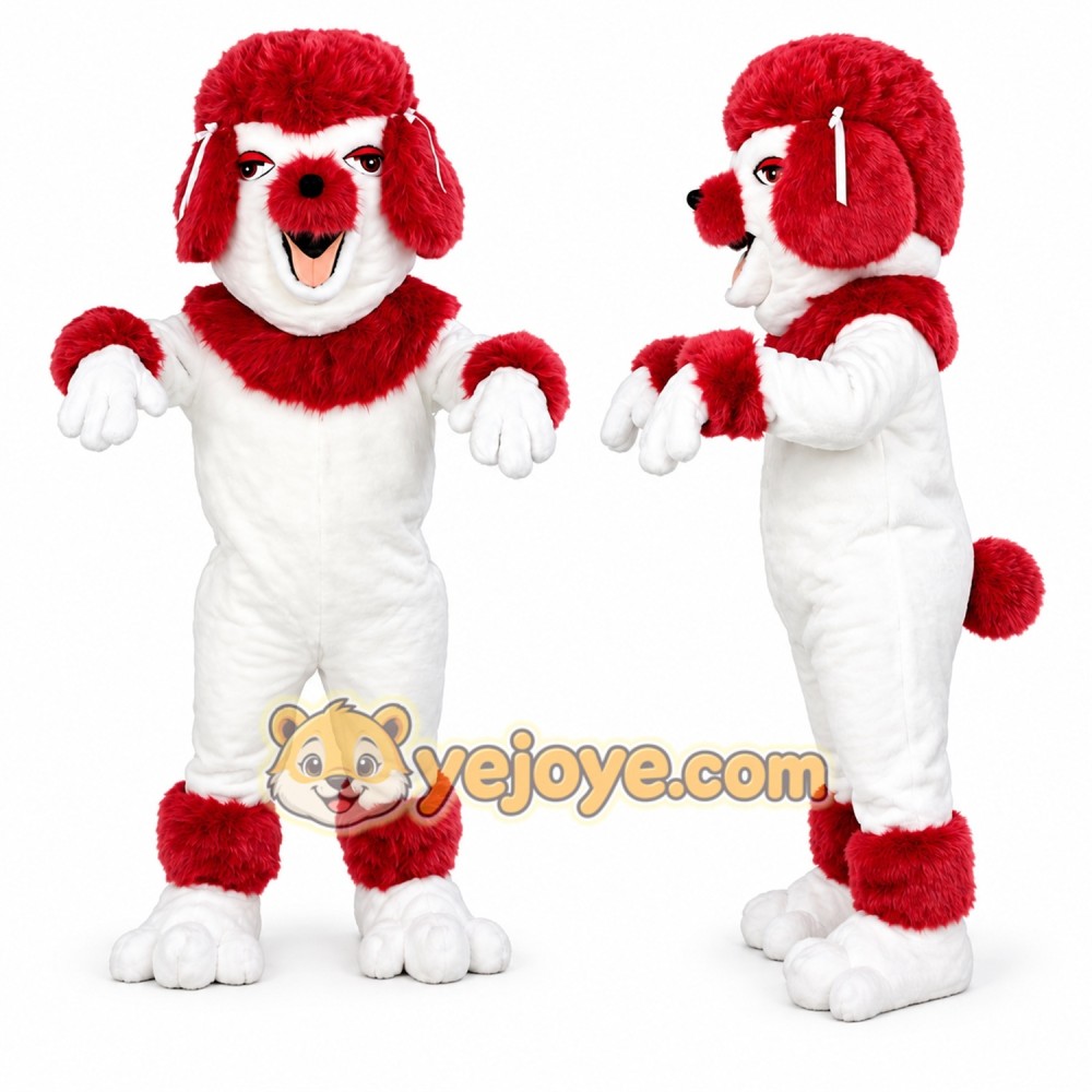 Red and White Poodle Mascot Costume Red and White Poodle Mascot Costume