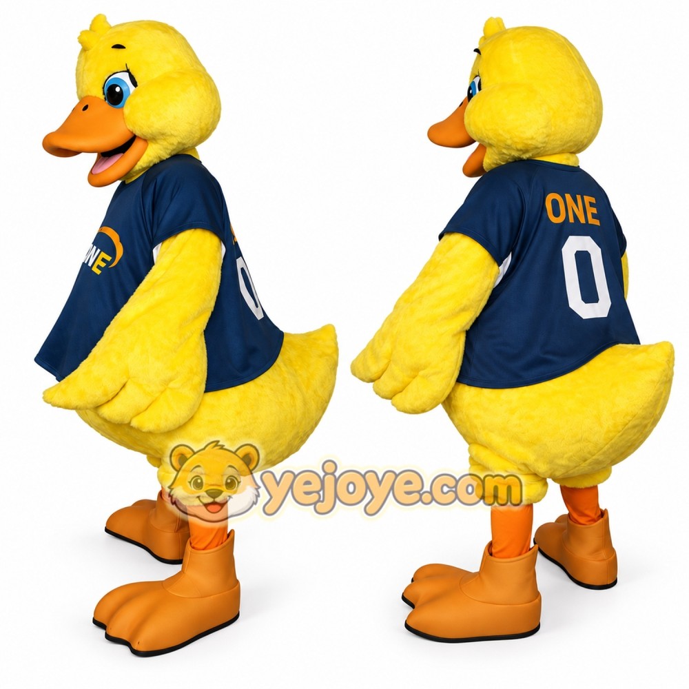 Yellow Duck Mascot Costume with Blue Shirt Yellow Duck Mascot Costume with Blue Shirt