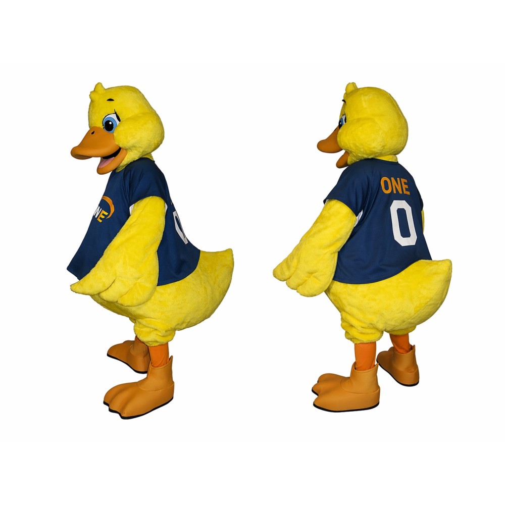 Yellow Duck Mascot Costume with Blue Shirt