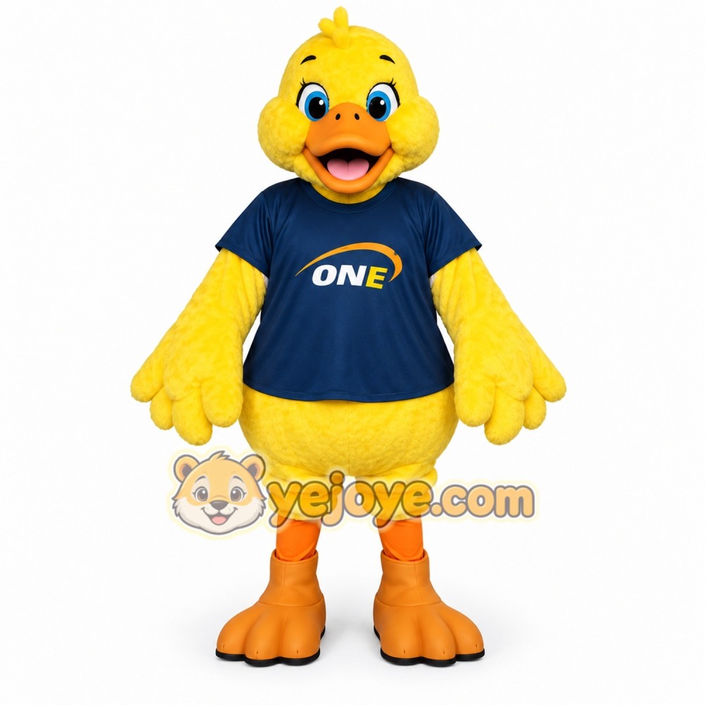 Yellow Duck Mascot Costume with Blue Shirt Yellow Duck Mascot Costume with Blue Shirt