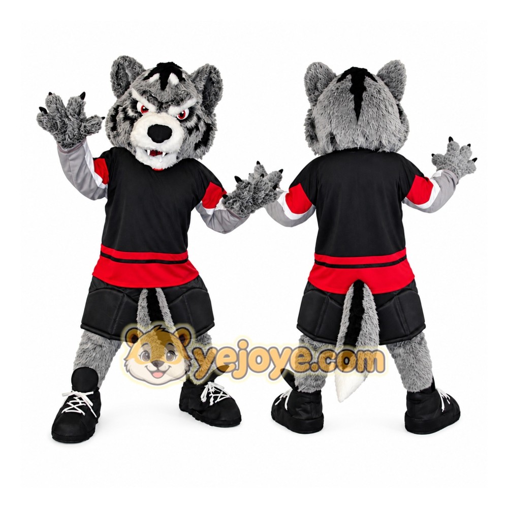 Gray Wolf Mascot Costume with Red Accents Gray Wolf Mascot Costume with Red Accents