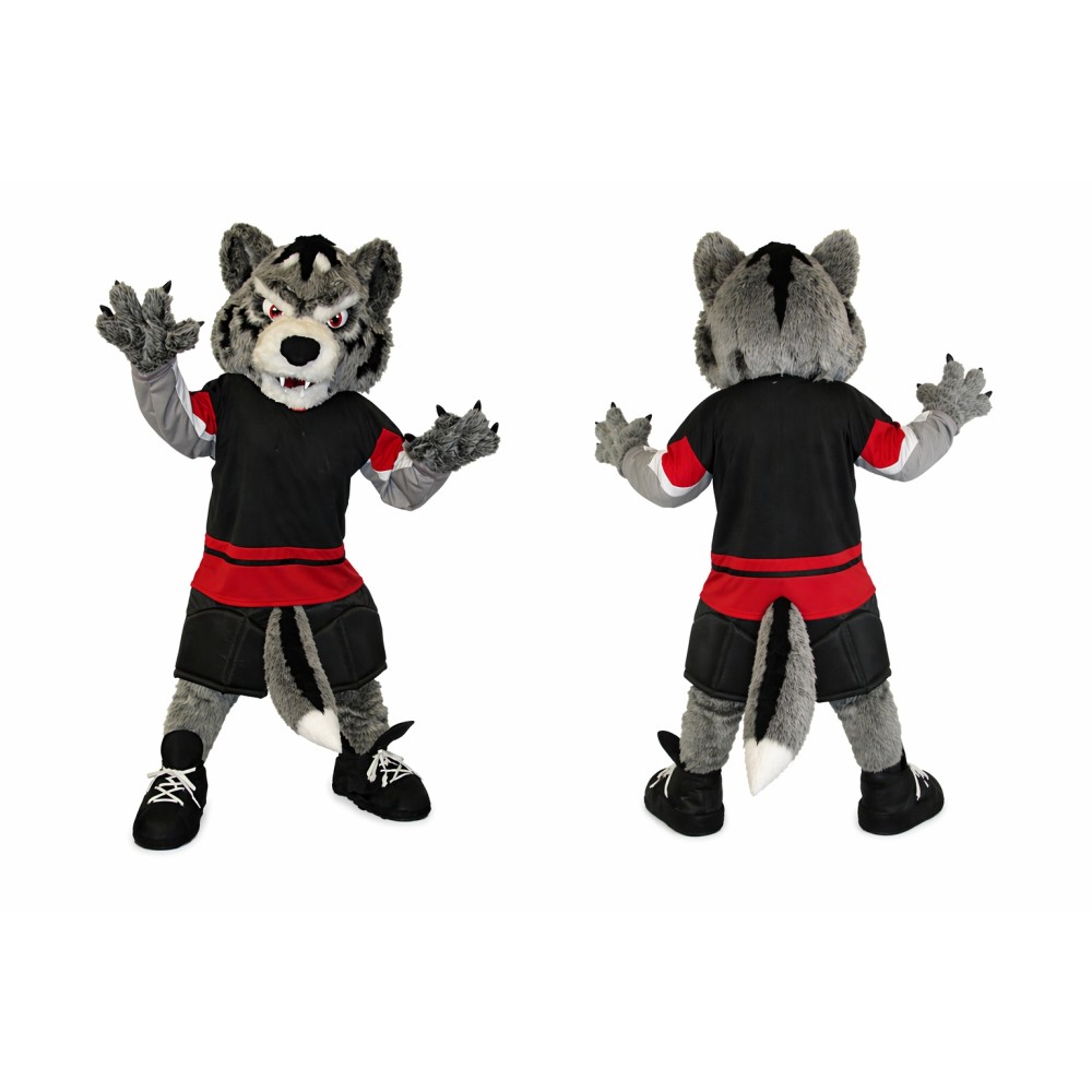 Gray Wolf Mascot Costume with Red Accents