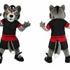 Gray Wolf Mascot Costume with Red Accents
