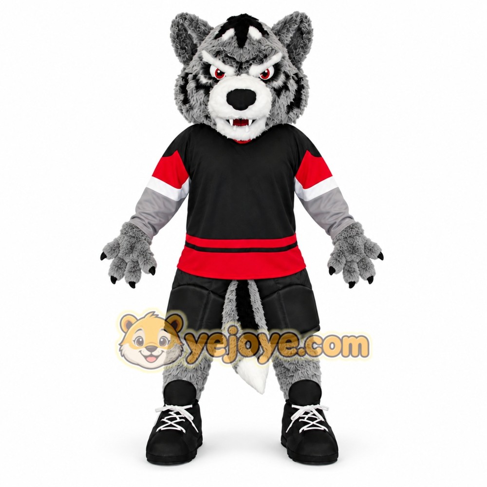 Gray Wolf Mascot Costume with Red Accents Gray Wolf Mascot Costume with Red Accents