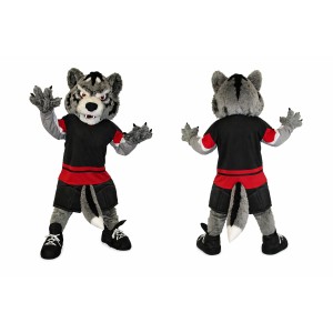 Gray Wolf Mascot Costume with Red Accents