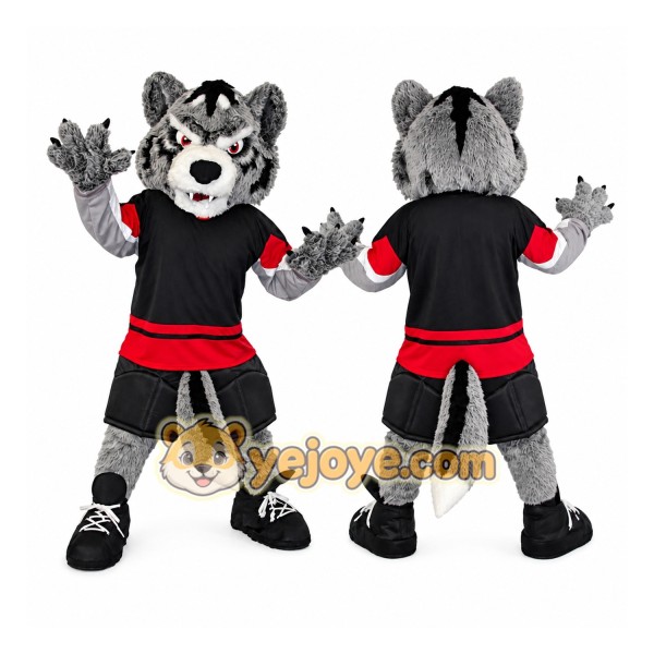 Gray Wolf Mascot Costume with Red Accents