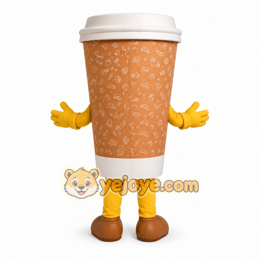 Coffee Cup Mascot Costume with Yellow Gloves and Shoes Coffee Cup Mascot Costume with Yellow Gloves and Shoes