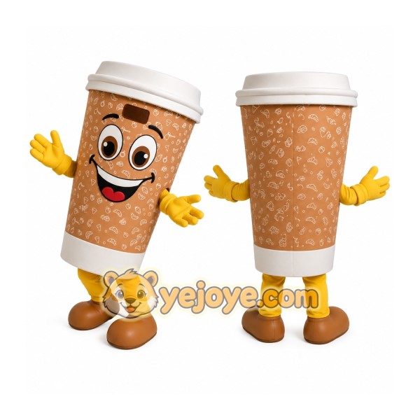Coffee Cup Mascot Costume with Yellow Gloves and Shoes