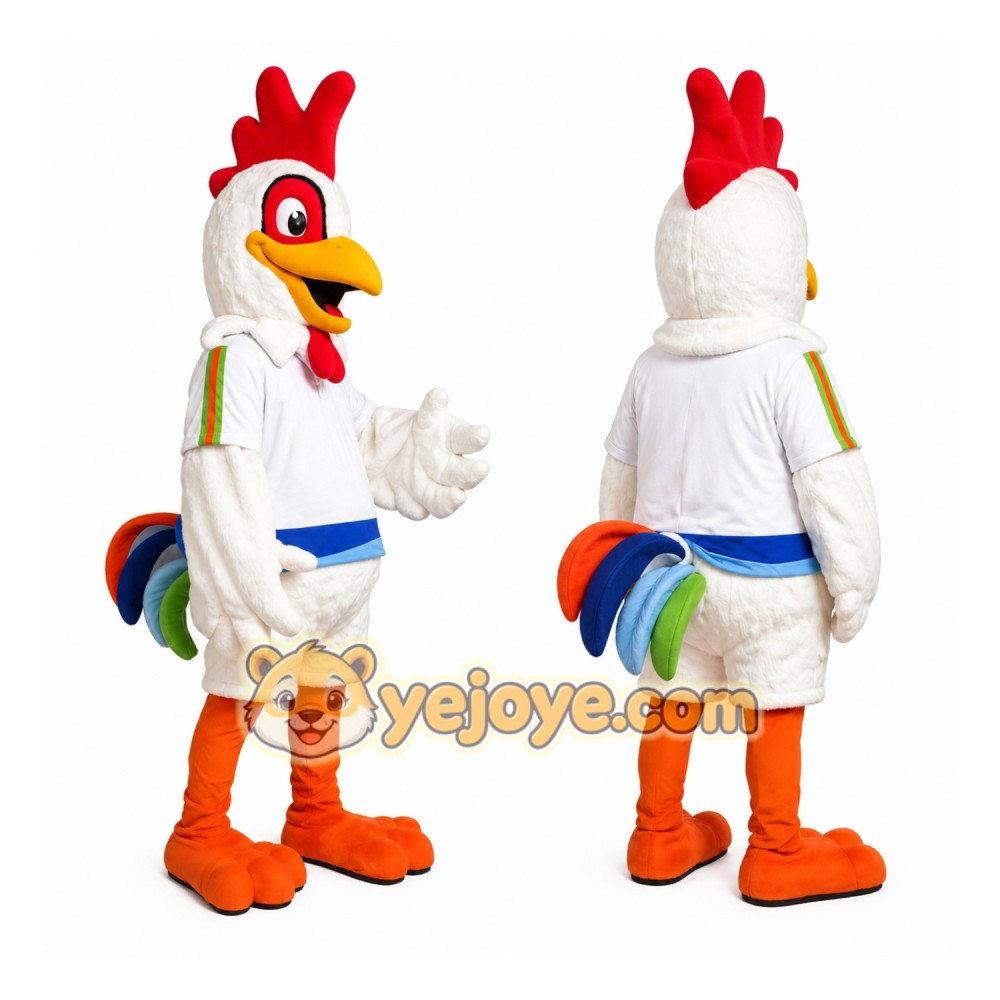 White Chicken Mascot Costume with Colorful Tail White Chicken Mascot Costume with Colorful Tail