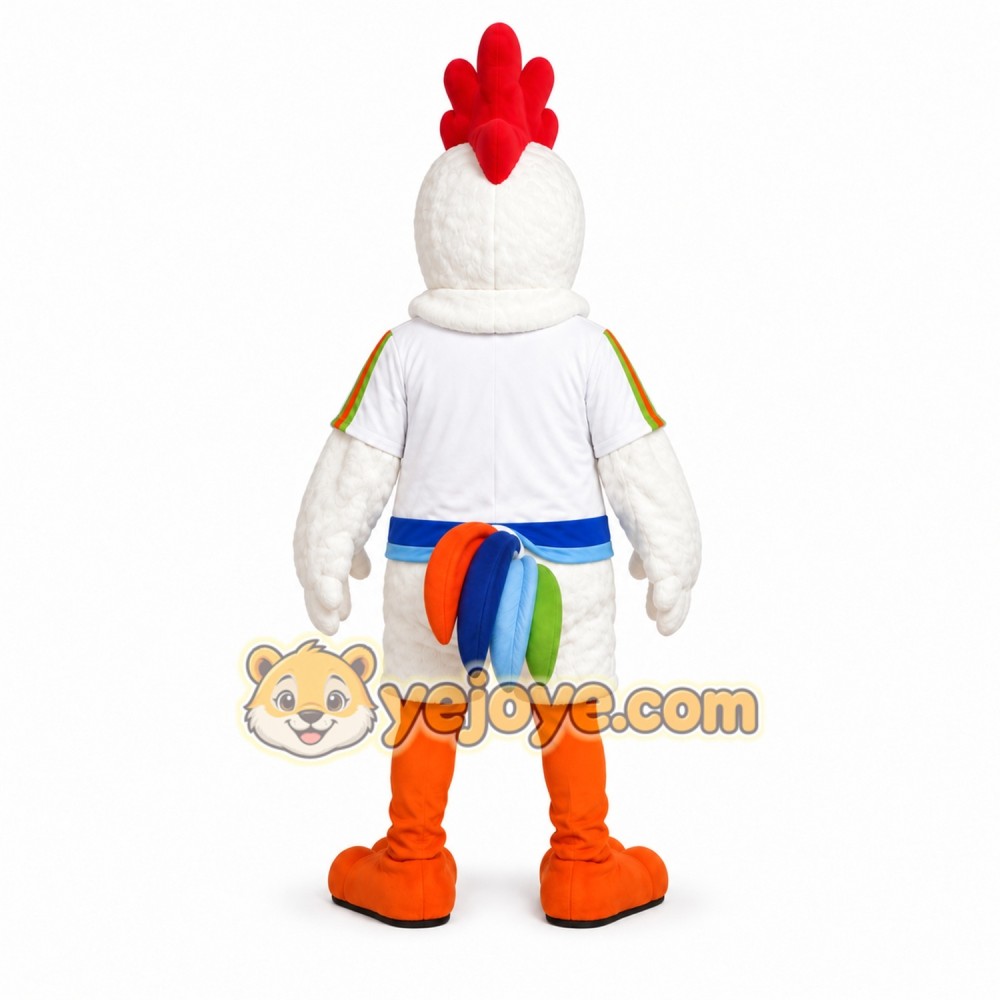 White Chicken Mascot Costume with Colorful Tail White Chicken Mascot Costume with Colorful Tail