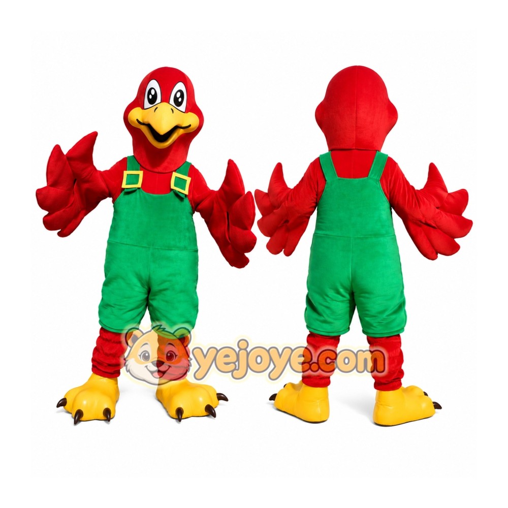 Red Bird Mascot Costume with Green Overalls Red Bird Mascot Costume with Green Overalls