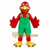 Red Bird Mascot Costume with Green Overalls Red Bird Mascot Costume with Green Overalls