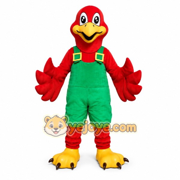 Red Bird Mascot Costume with Green Overalls