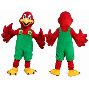 Red Bird Mascot Costume with Green Overalls