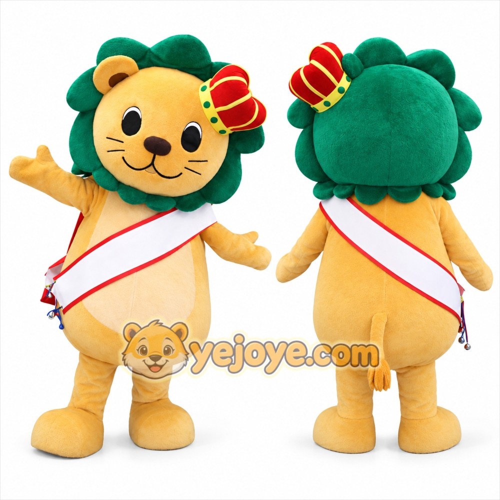 Yellow Lion Mascot Costume with Crown and Sash