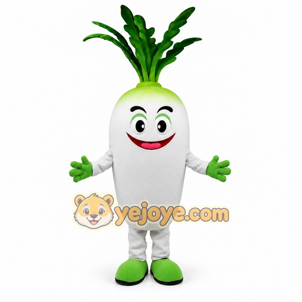 White Radish Mascot Costume with Green Accents White Radish Mascot Costume with Green Accents