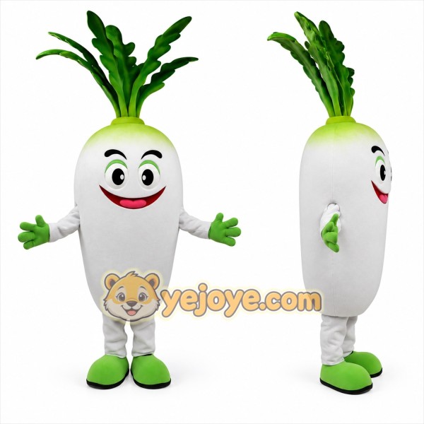 White Radish Mascot Costume with Green Accents