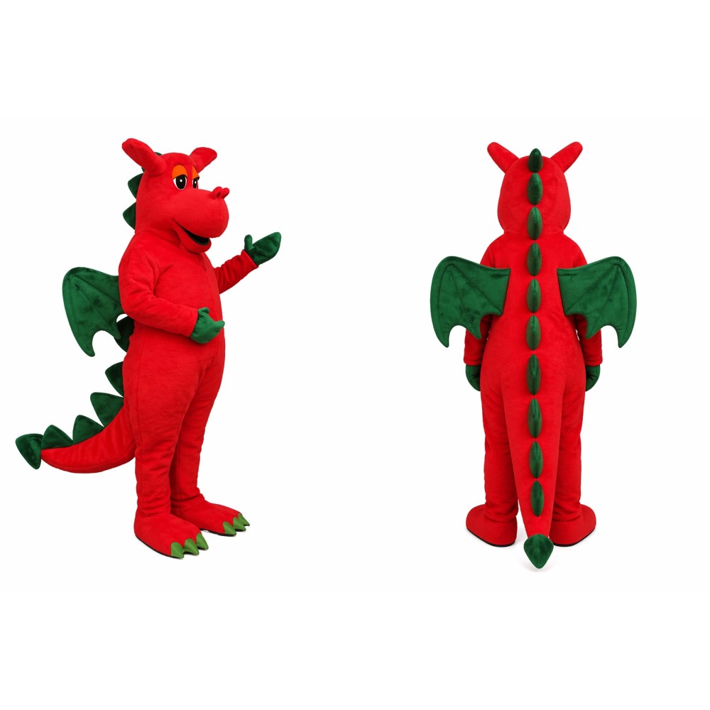 Red Dragon Mascot Costume with Green Accents