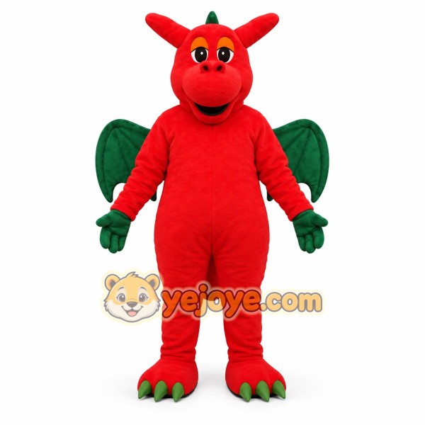Red Dragon Mascot Costume with Green Accents Red Dragon Mascot Costume with Green Accents