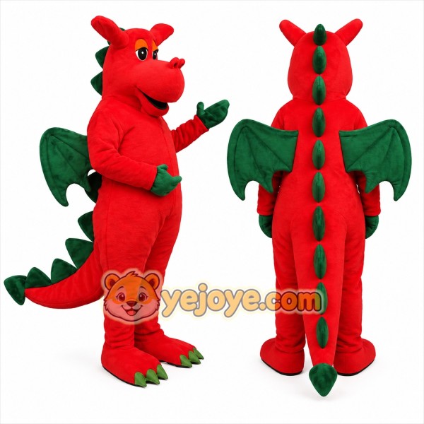 Red Dragon Mascot Costume with Green Accents