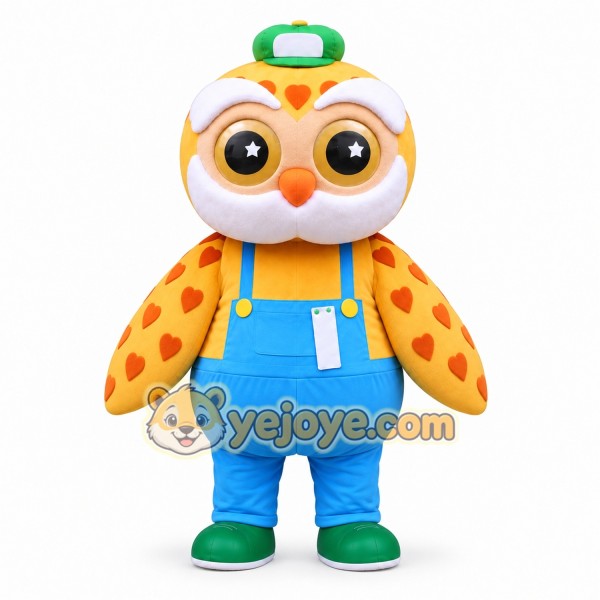 Yellow Owl Mascot Costume with Blue Overalls