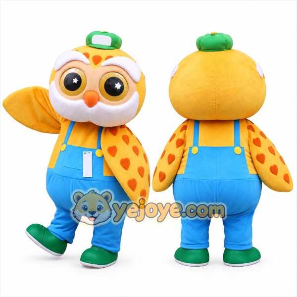 Yellow Owl Mascot Costume with Blue Overalls