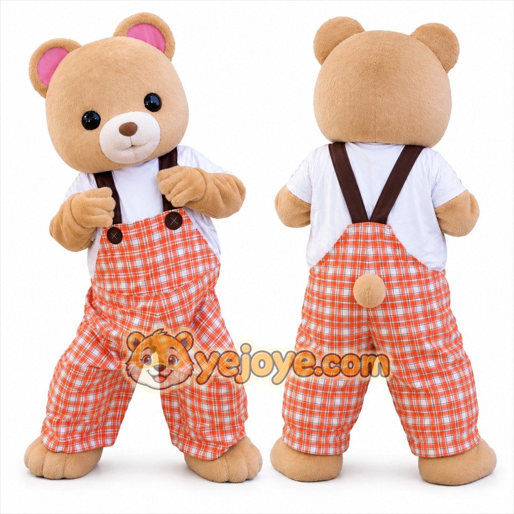 Cute Bear Mascot Costume with Orange Overalls