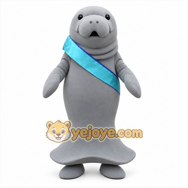 Gray Manatee Mascot Costume with Blue Sash