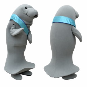 Gray Manatee Mascot Costume with Blue Sash