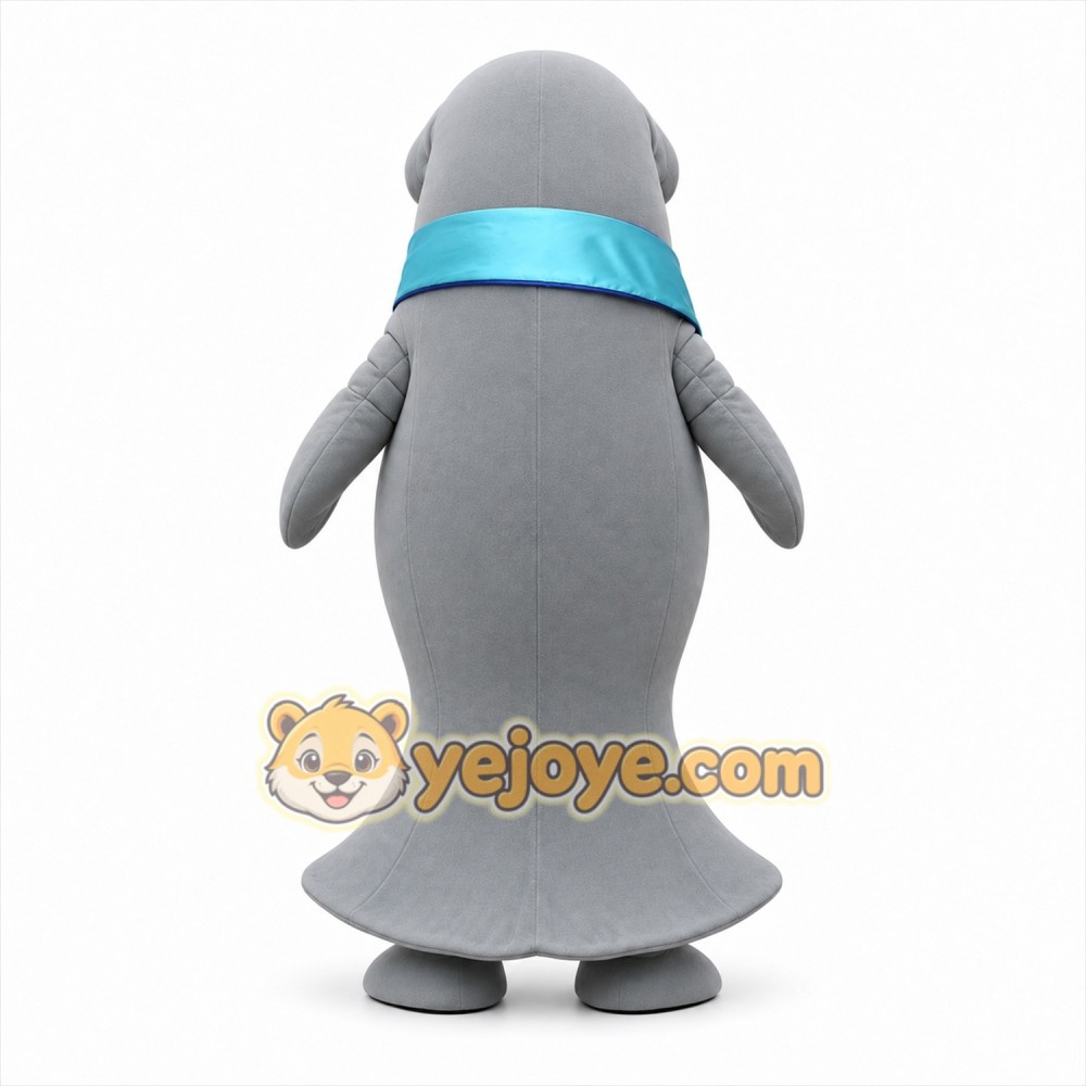 Gray Manatee Mascot Costume with Blue Sash