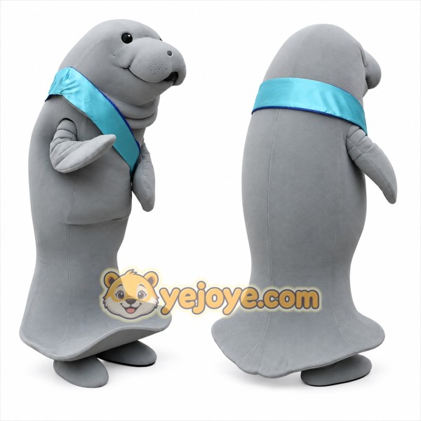 Gray Manatee Mascot Costume with Blue Sash
