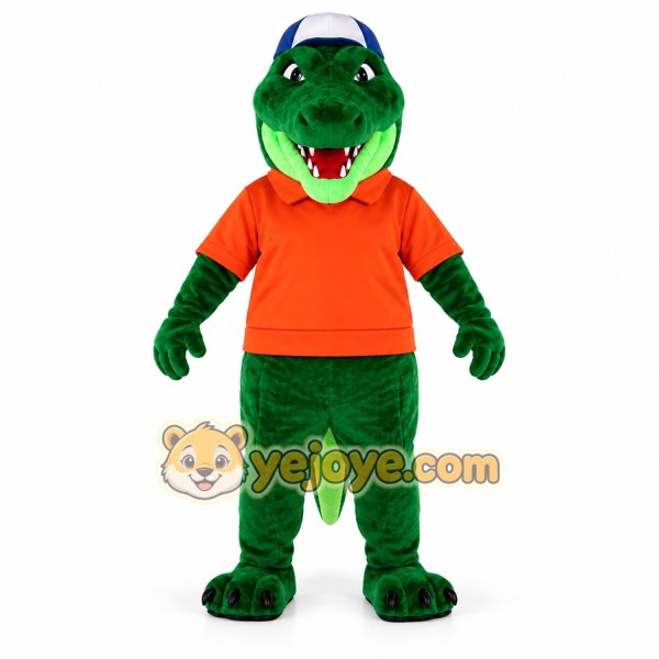 Green Alligator Mascot Costume with Orange Shirt Green Alligator Mascot Costume with Orange Shirt