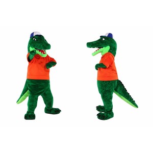 Green Alligator Mascot Costume with Orange Shirt