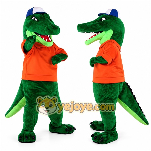 Green Alligator Mascot Costume with Orange Shirt