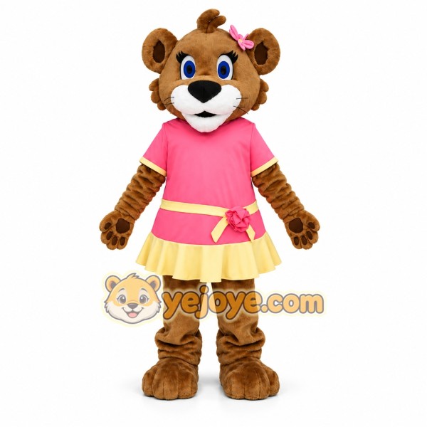 Brown Bear Mascot Costume with Pink Dress