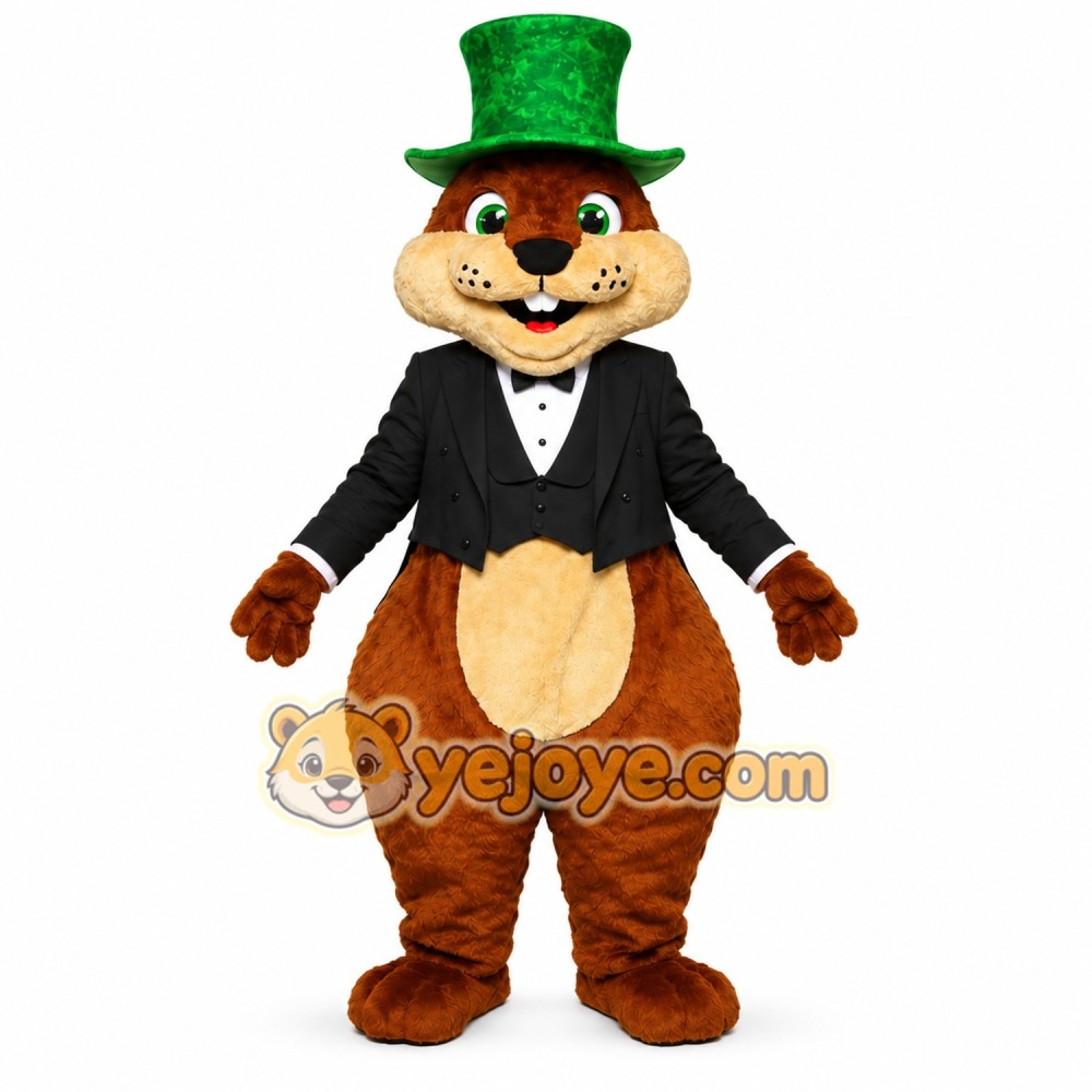 Brown Beaver Mascot Costume with Green Top Hat Brown Beaver Mascot Costume with Green Top Hat