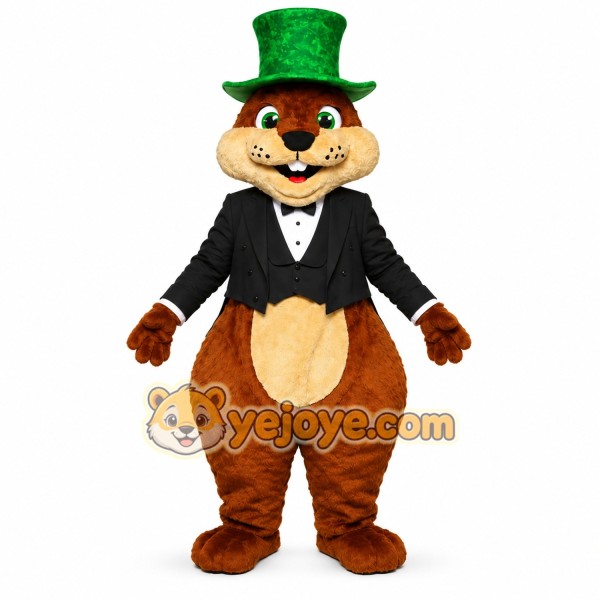 Brown Beaver Mascot Costume with Green Top Hat