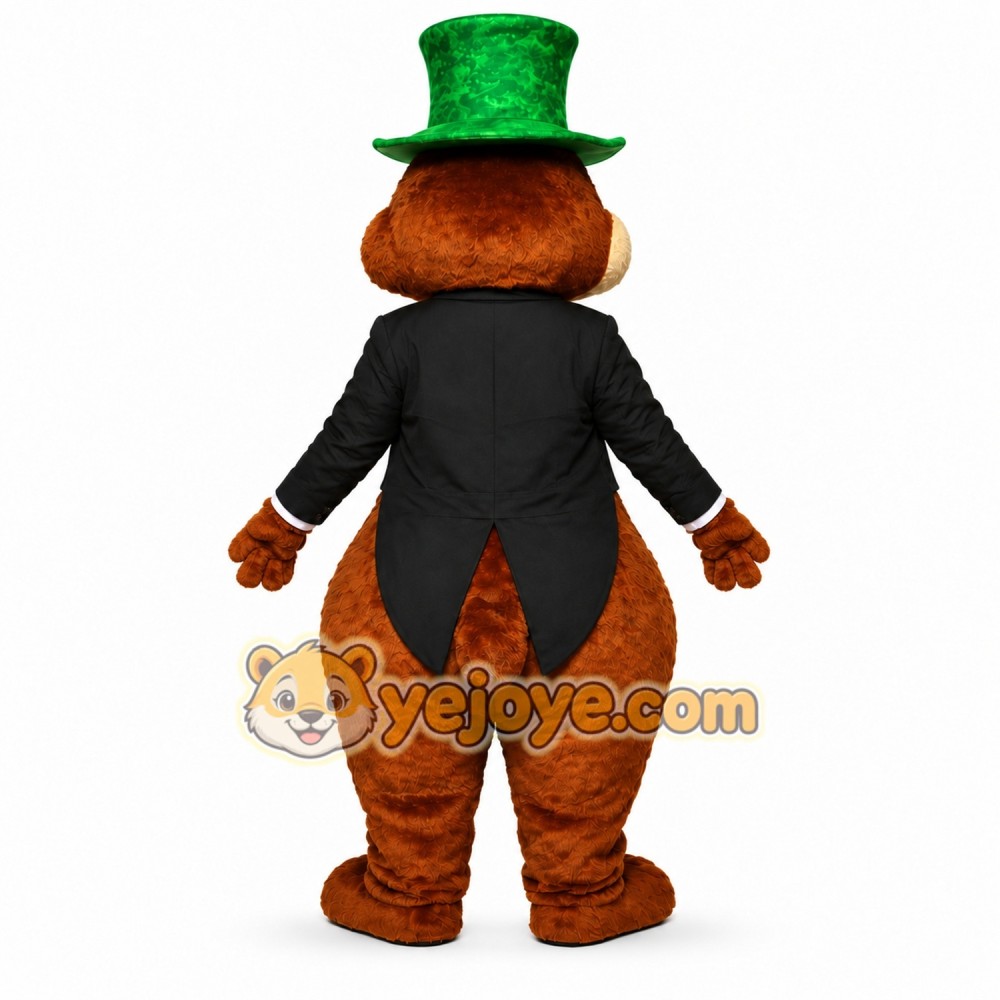 Brown Beaver Mascot Costume with Green Top Hat Brown Beaver Mascot Costume with Green Top Hat